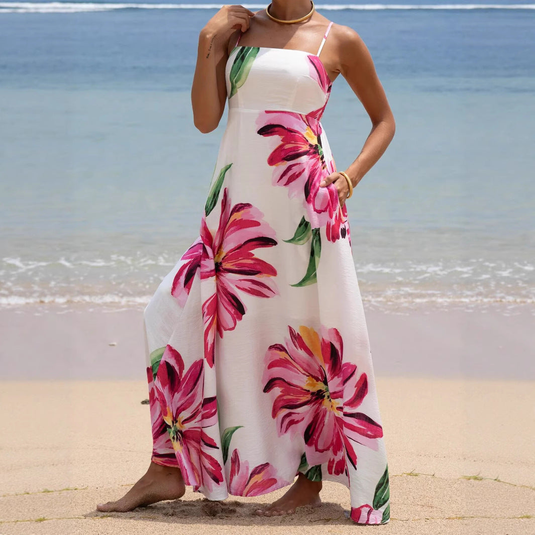 Robe Maxi Bohème À Grandes Fleurs avec Poches, Bretelles — Idéale Vacances
