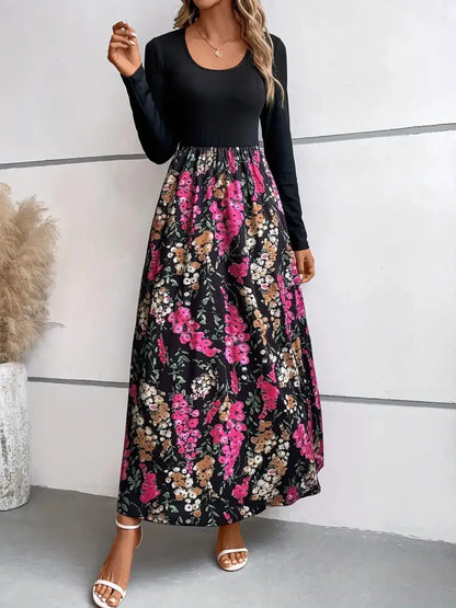 Robe Maxi Florale Col Rond Manches Longues
