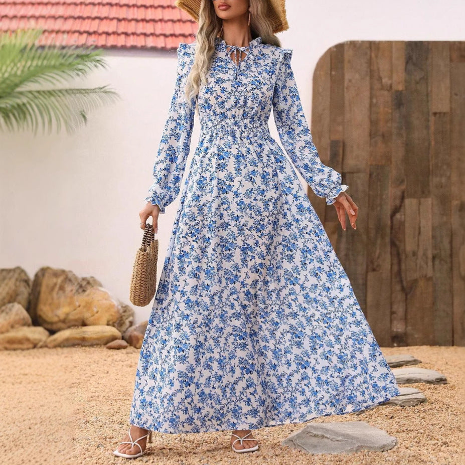 Robe élégante manches longues imprimé floral ceinturée | Mode Femme