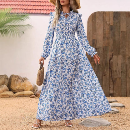Robe élégante manches longues imprimé floral ceinturée | Mode Femme