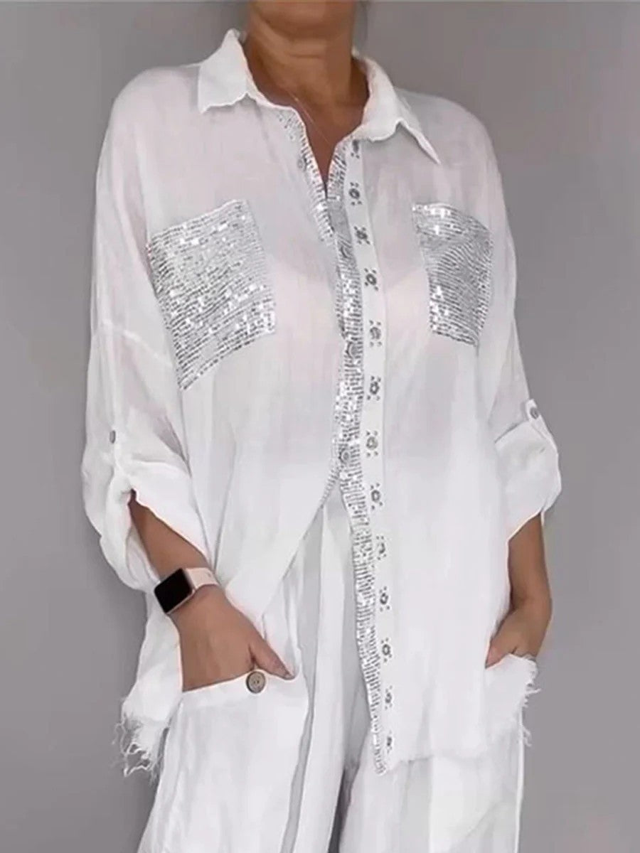 Ensemble Pantalon Femme Style Rétro — Chemise Manches Longues & Pantalon 3/4