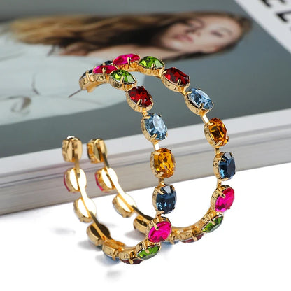 Grandes Créoles Rondes Cristal Coloré | Boucles d'Oreilles Femme Élégantes | Mariage & Soirée Luxe