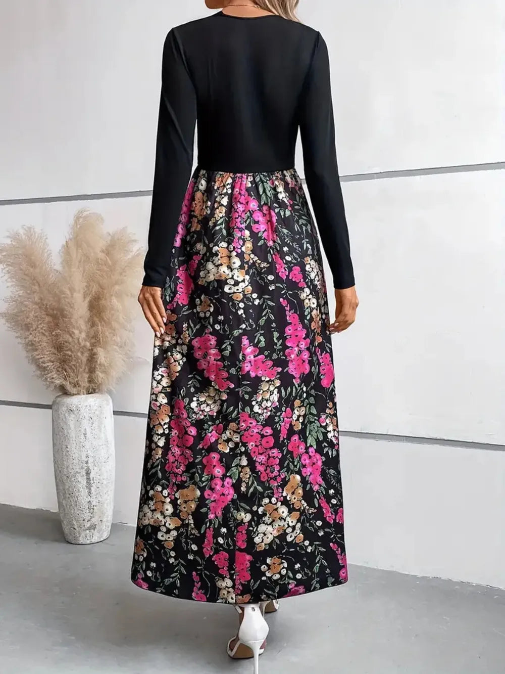 Robe Maxi Florale Col Rond Manches Longues