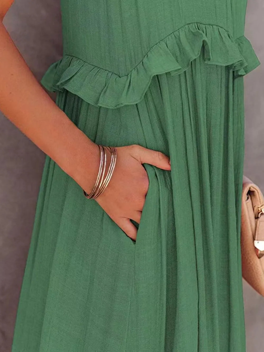 Robe Maxi Sans Manches à Volants et Poches