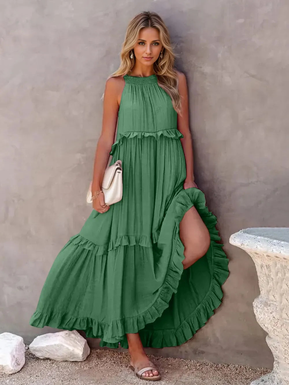 Robe Maxi Sans Manches à Volants et Poches