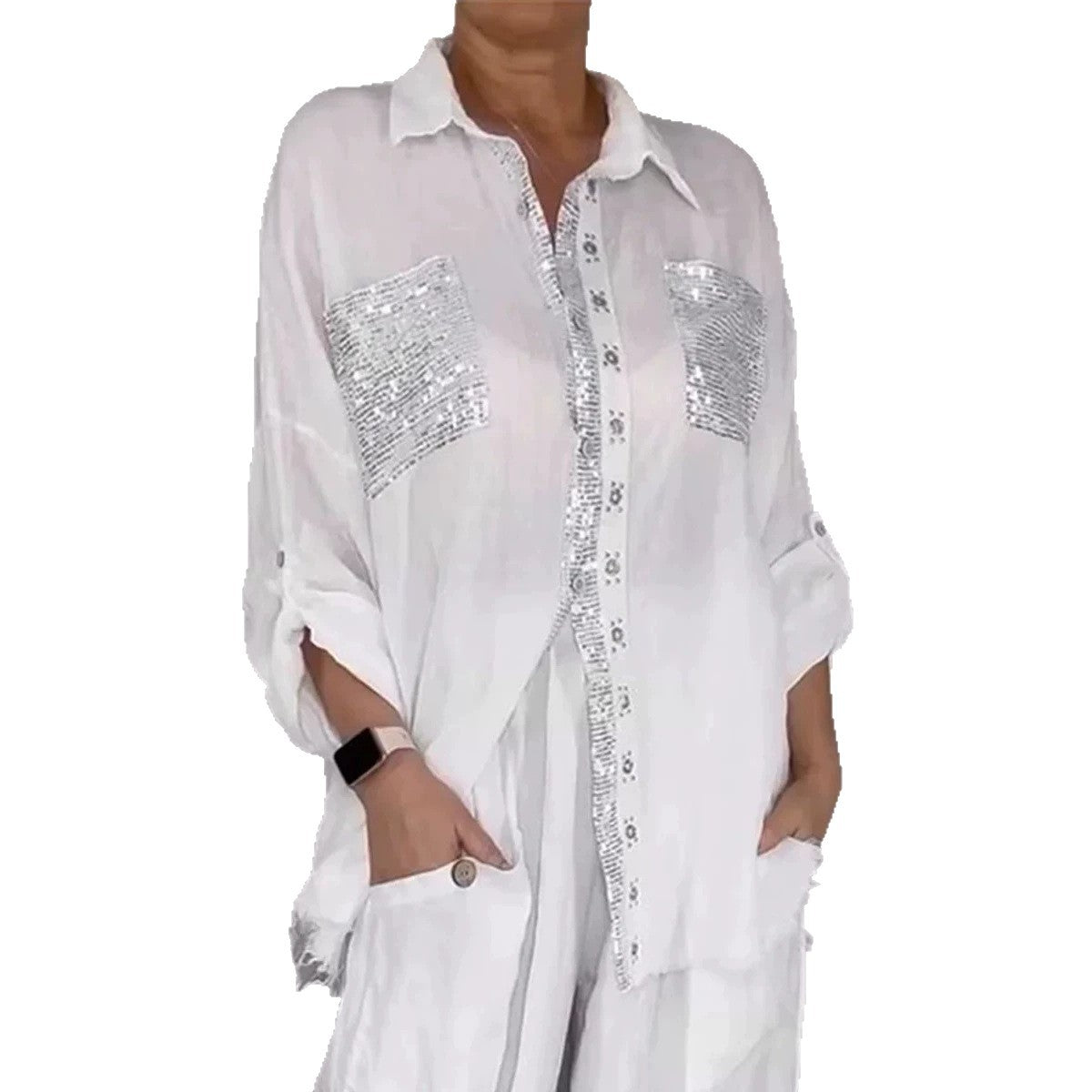 Ensemble Pantalon Femme Style Rétro — Chemise Manches Longues & Pantalon 3/4
