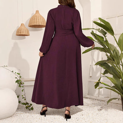 Robe Maxi Manches Longues Élégante — Couleur Unie, Manches Plissées