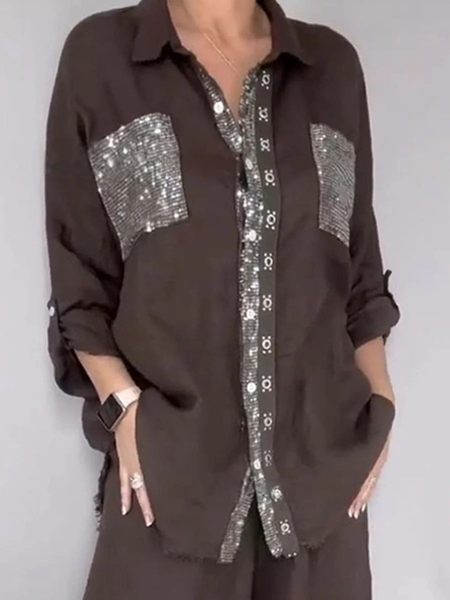 Ensemble Pantalon Femme Style Rétro — Chemise Manches Longues & Pantalon 3/4