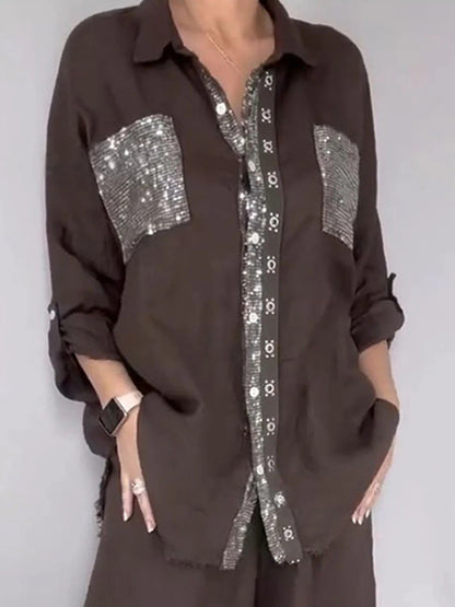 Ensemble Pantalon Femme Style Rétro — Chemise Manches Longues & Pantalon 3/4