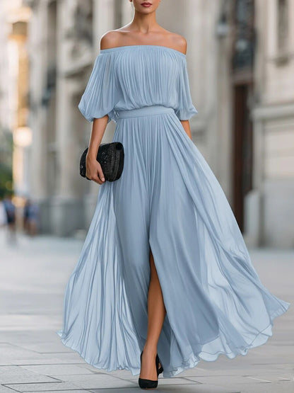 Robe Maxi Chiffon Noire Fendue – Épaule Dénudée, Jupe Fluide et Drapée