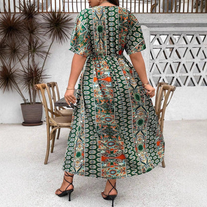 Robe Maxi Bohème Imprimée – Manches 3/4, Col V, Grande Taille