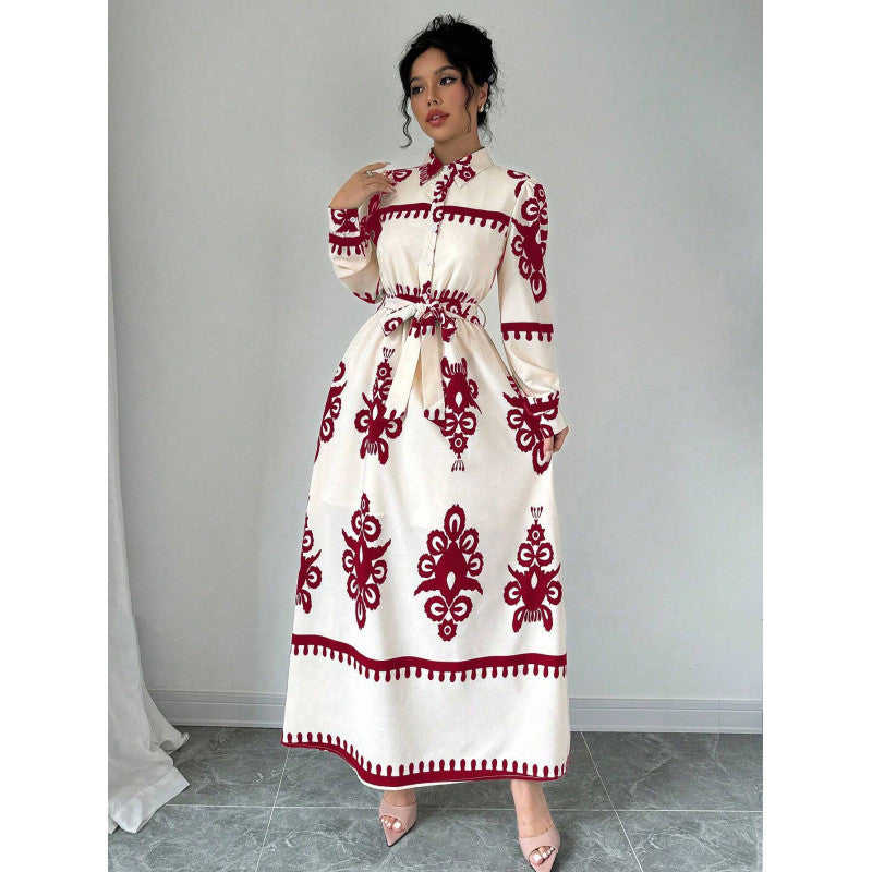 Robe CHEMISE IMPRIMÉE Manches Longues – Col Rabattu, Style Bureau Chic, Femme