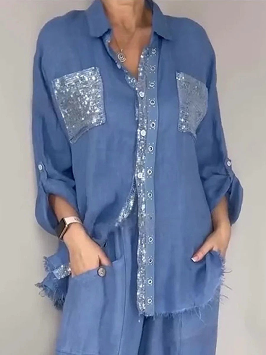 Ensemble Pantalon Femme Style Rétro — Chemise Manches Longues & Pantalon 3/4