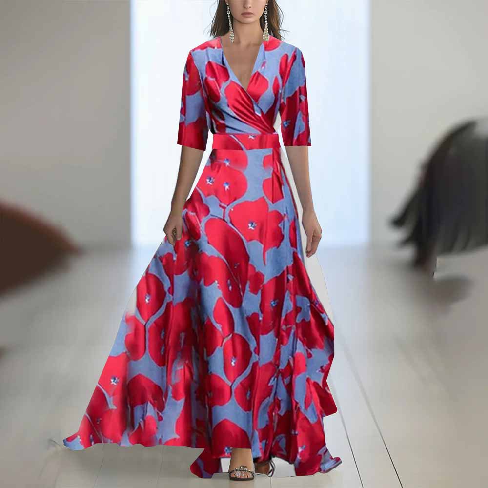 Robe Longue Fleurie à Manches Longues – Col Rond, Coupe A-Line, Fermeture Zip