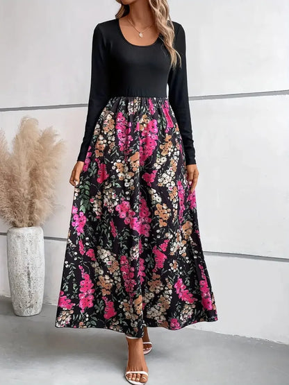 Robe Maxi Florale Col Rond Manches Longues