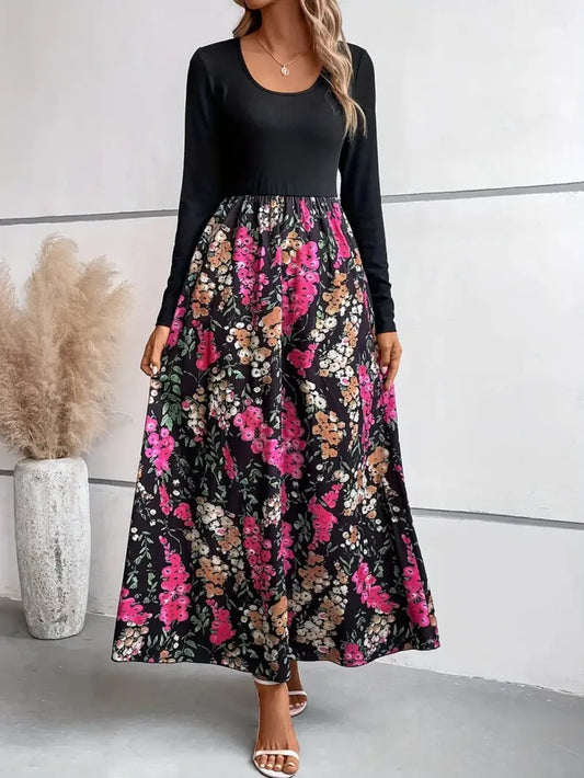 Robe Maxi Florale Col Rond Manches Longues