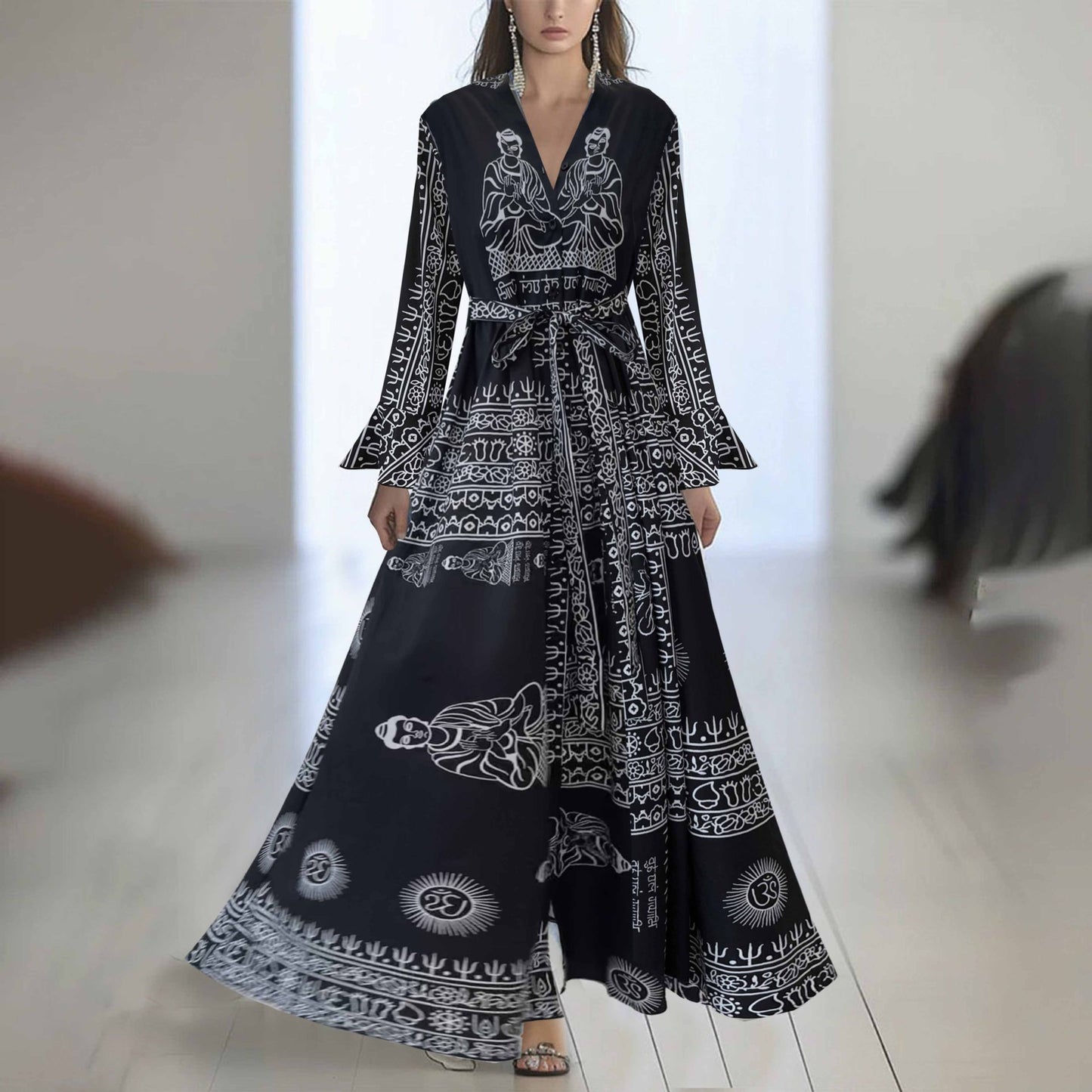 Robe Longue Fleurie à Manches Longues – Col Rond, Coupe A-Line, Fermeture Zip