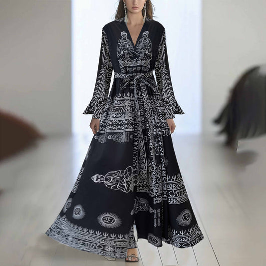 Robe Longue Fleurie à Manches Longues – Col Rond, Coupe A-Line, Fermeture Zip