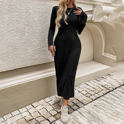 Robe Maxi Ajustée Manches Longues Col Rond