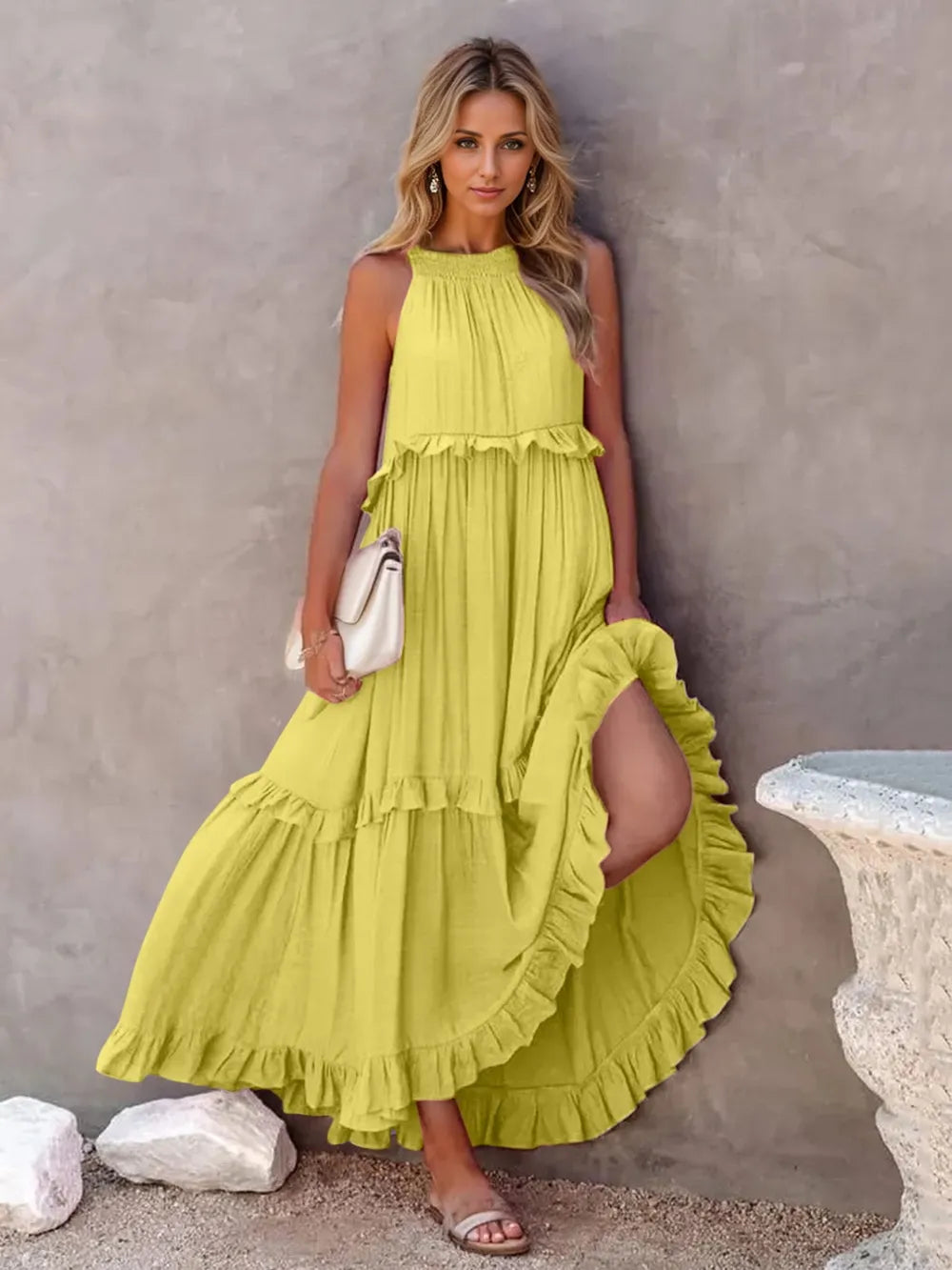 Robe Maxi Sans Manches à Volants et Poches