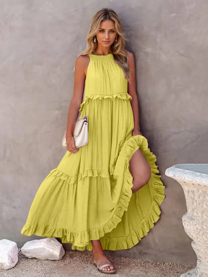 Robe Maxi Sans Manches à Volants et Poches