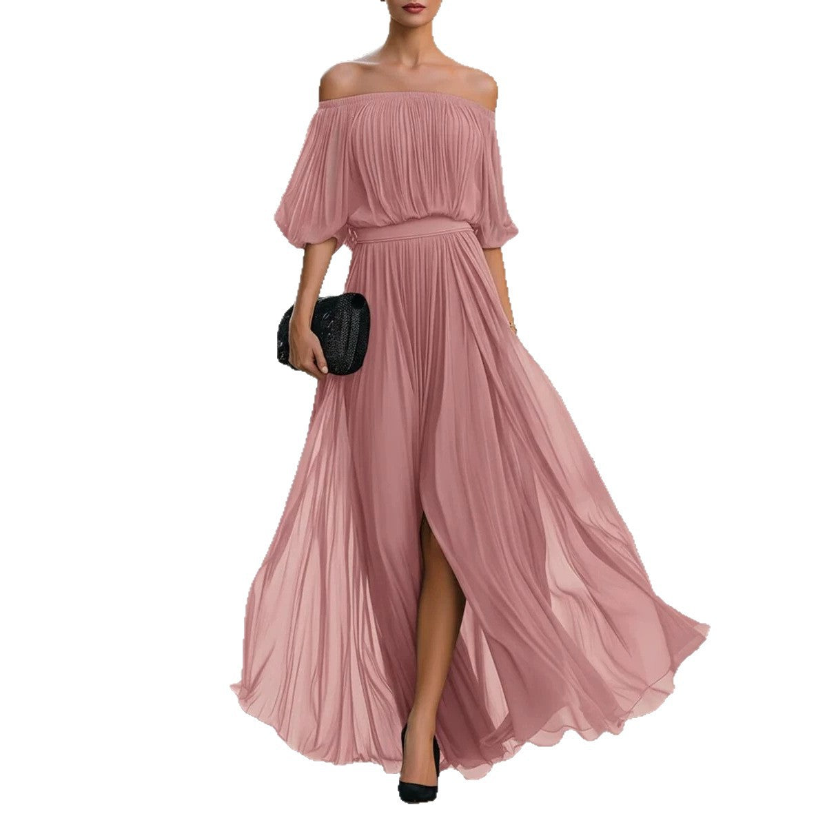 Robe Maxi Chiffon Noire Fendue – Épaule Dénudée, Jupe Fluide et Drapée