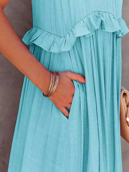Robe Maxi Sans Manches à Volants et Poches