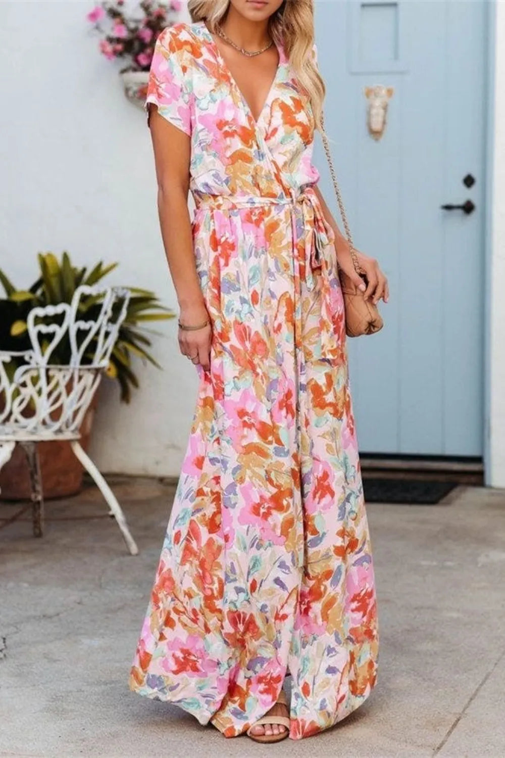 Robe Maxi Imprimée — Manches Courtes Ceinture Nouée