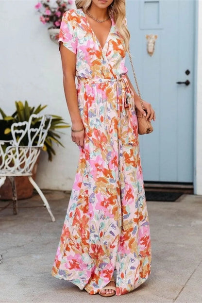 Robe Maxi Imprimée — Manches Courtes Ceinture Nouée