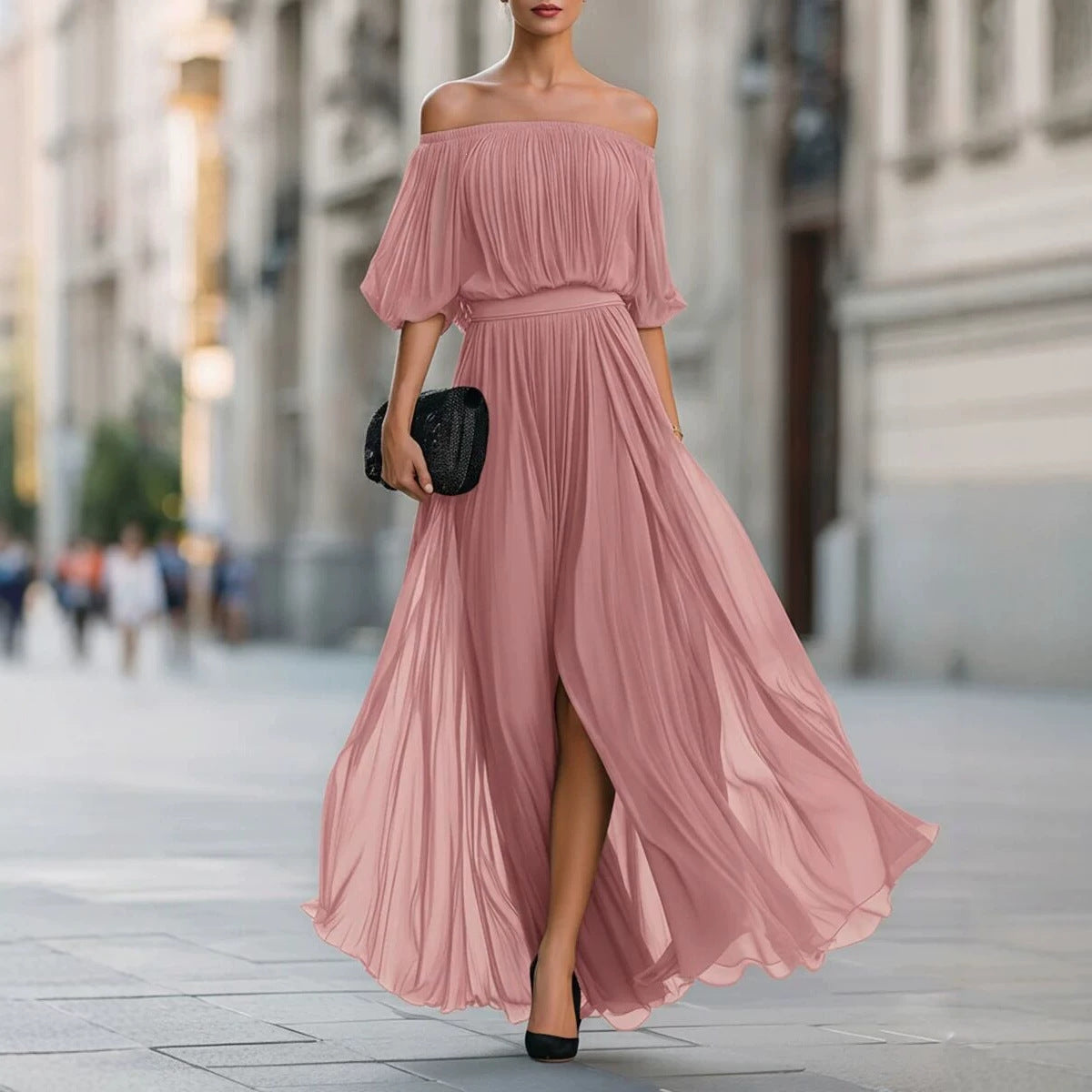 Robe Maxi Chiffon Noire Fendue – Épaule Dénudée, Jupe Fluide et Drapée