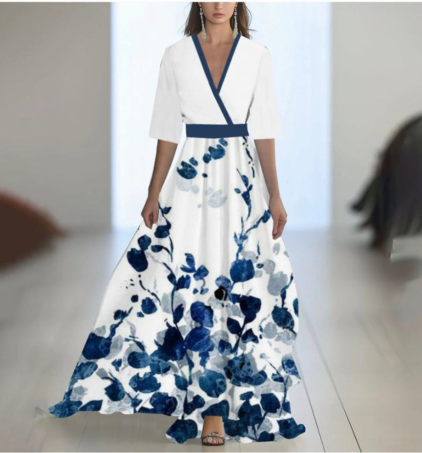 Robe Longue Fleurie à Manches Longues – Col Rond, Coupe A-Line, Fermeture Zip