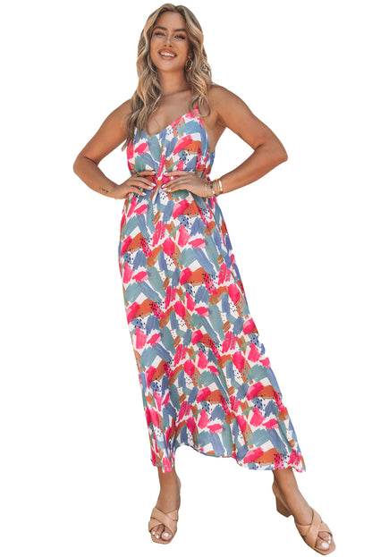 Robe Maxi à Bretelles Spaghetti Imprimé Abstrait Multicolore