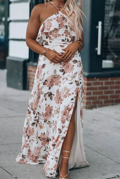 Robe Maxi Blanche Florale à Volants | Col Halter Fendue