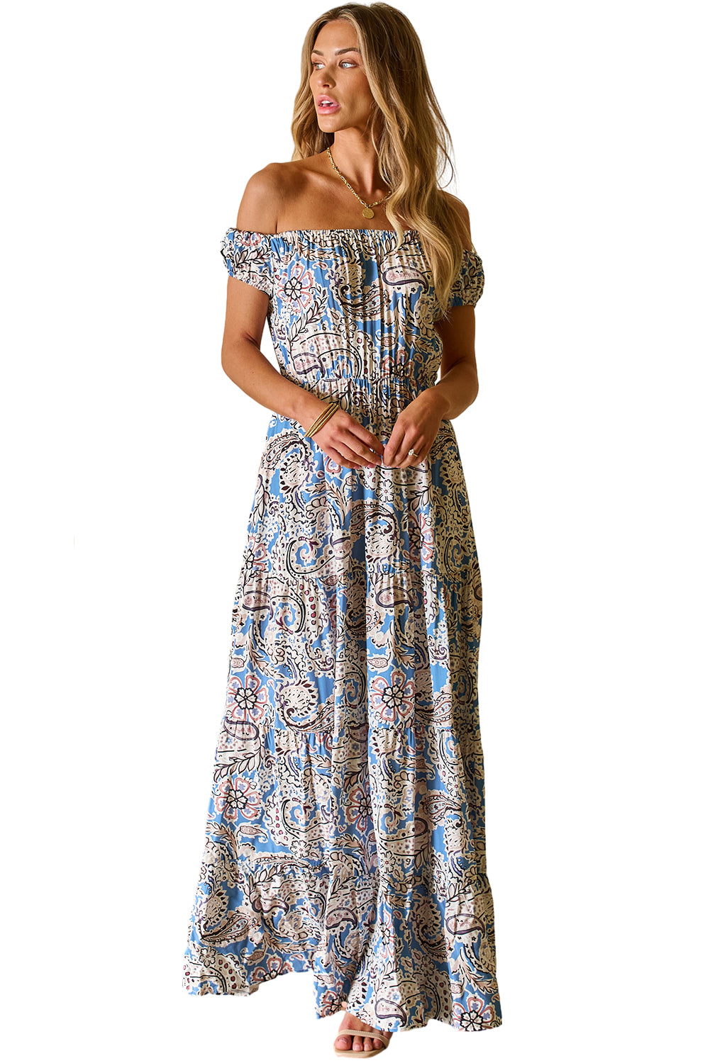 Robe Maxi Bohème Bleue À Imprimé Paisley — Épaules Dénudées