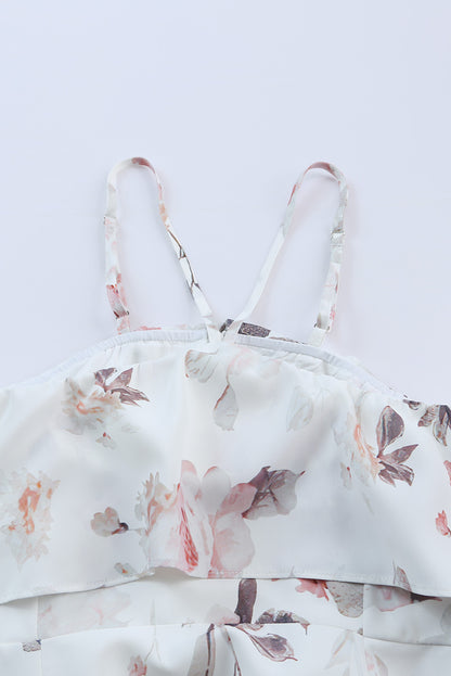 Robe Maxi Blanche Florale à Volants | Col Halter Fendue