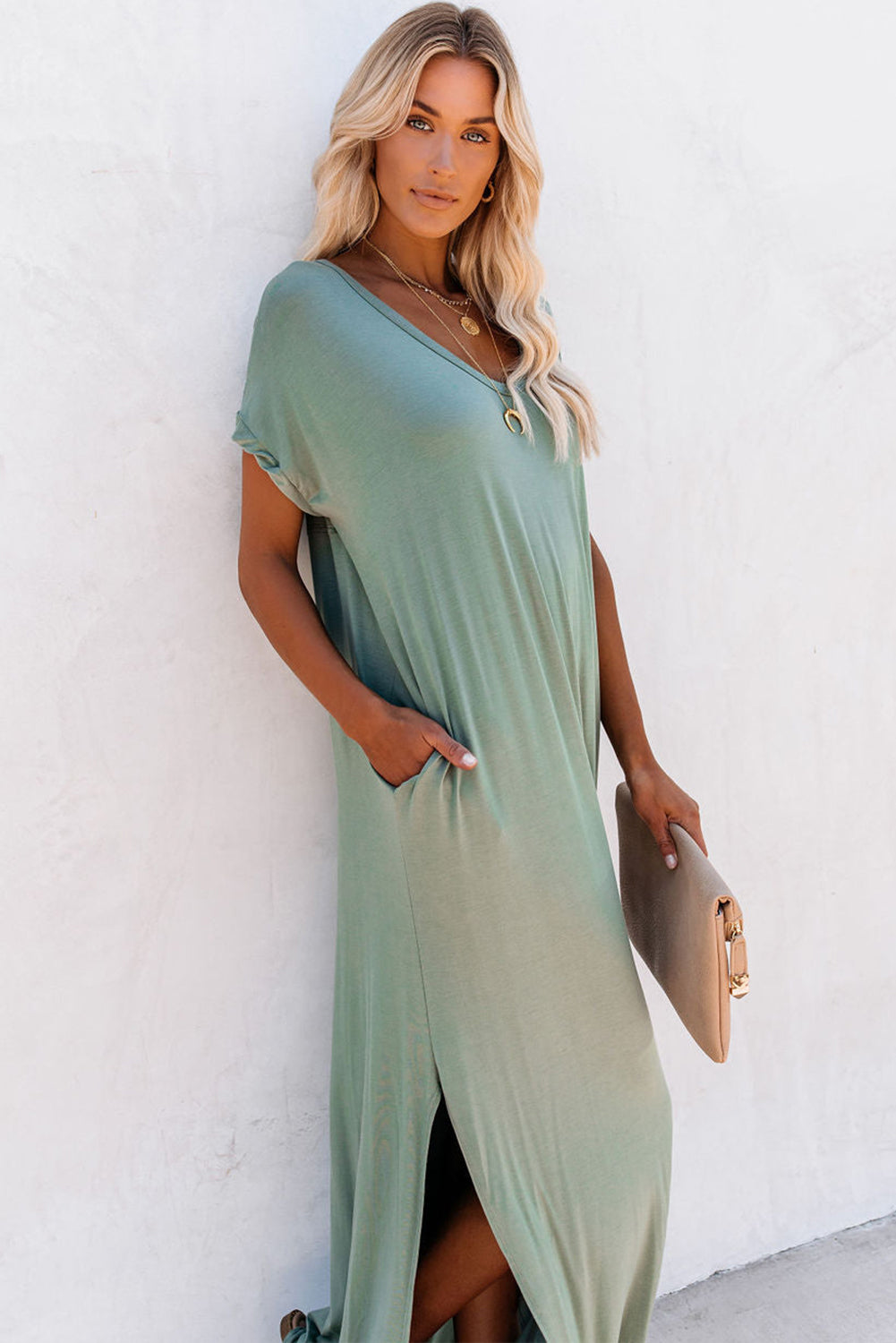 Robe Maxi — Col V, Poches Cachées, Fentes Latérales