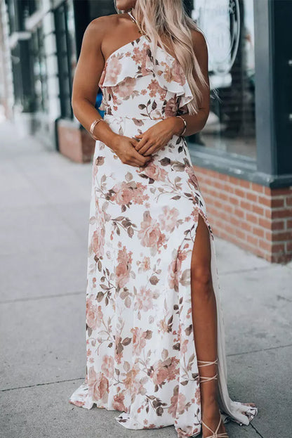 Robe Maxi Blanche Florale à Volants | Col Halter Fendue