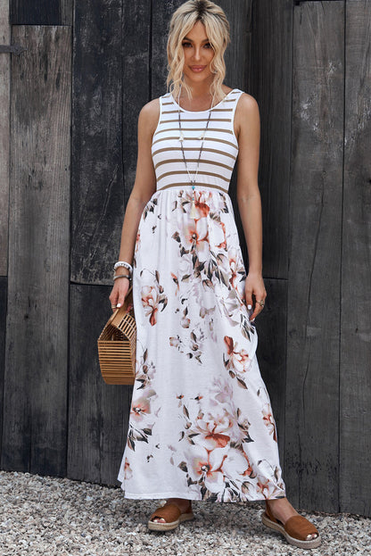 Robe Maxi Sans Manches à Imprimé Floral Rayé Blanc avec Poche