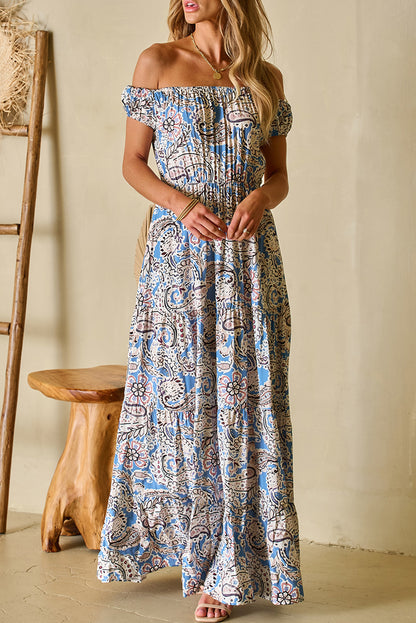 Robe Maxi Bohème Bleue À Imprimé Paisley — Épaules Dénudées