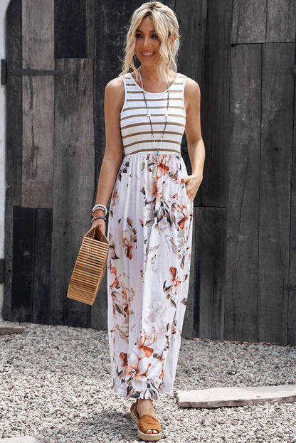 Robe Maxi Sans Manches à Imprimé Floral Rayé Blanc avec Poche
