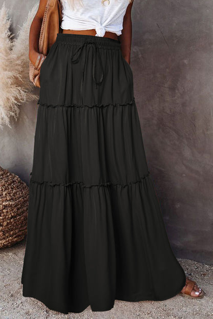 Jupe Maxi Noire à Volants – Taille Cordon, Effet Tieré